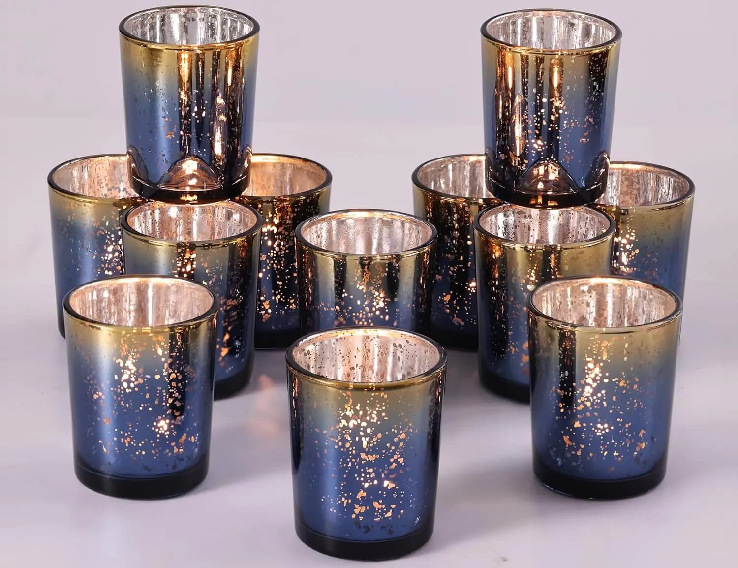 Set di 12 Portacandele in Vetro Mercurizzato Blu Navy, Contenitori Votivi Maculati per Centrotavola Matrimoniali e Decorazioni per la Casa
