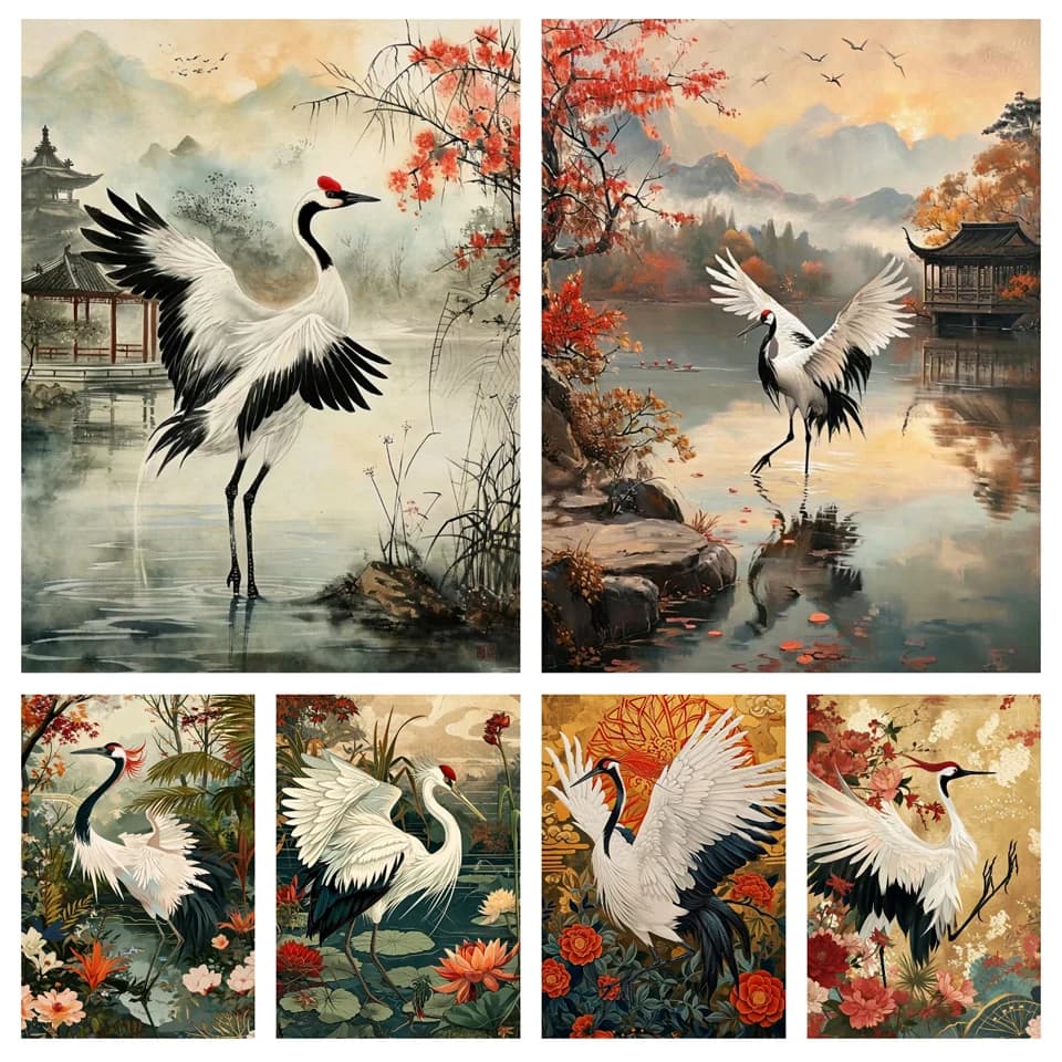 2024 nuova pittura diamante 5D paesaggio gru con corona rossa pieno rotondo quadrato mosaico ricamo stile cinese Wall Art Bird Decor
