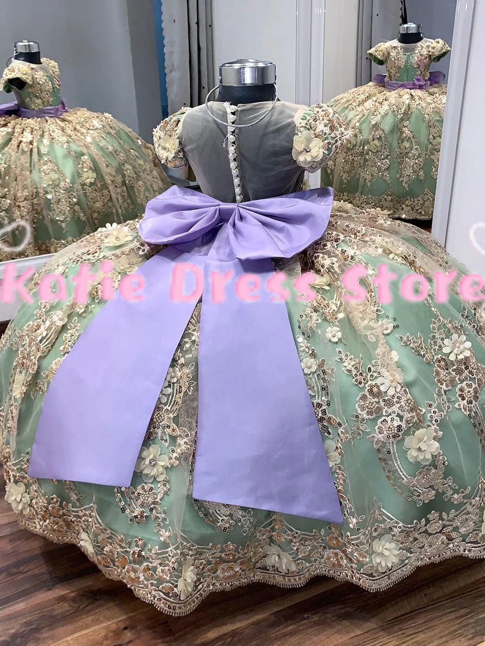 Abito da damigella verde con applicazioni in pizzo e fiocco, elegante per matrimoni, feste di compleanno, Prima Comunione, abiti da ballo personalizzabili