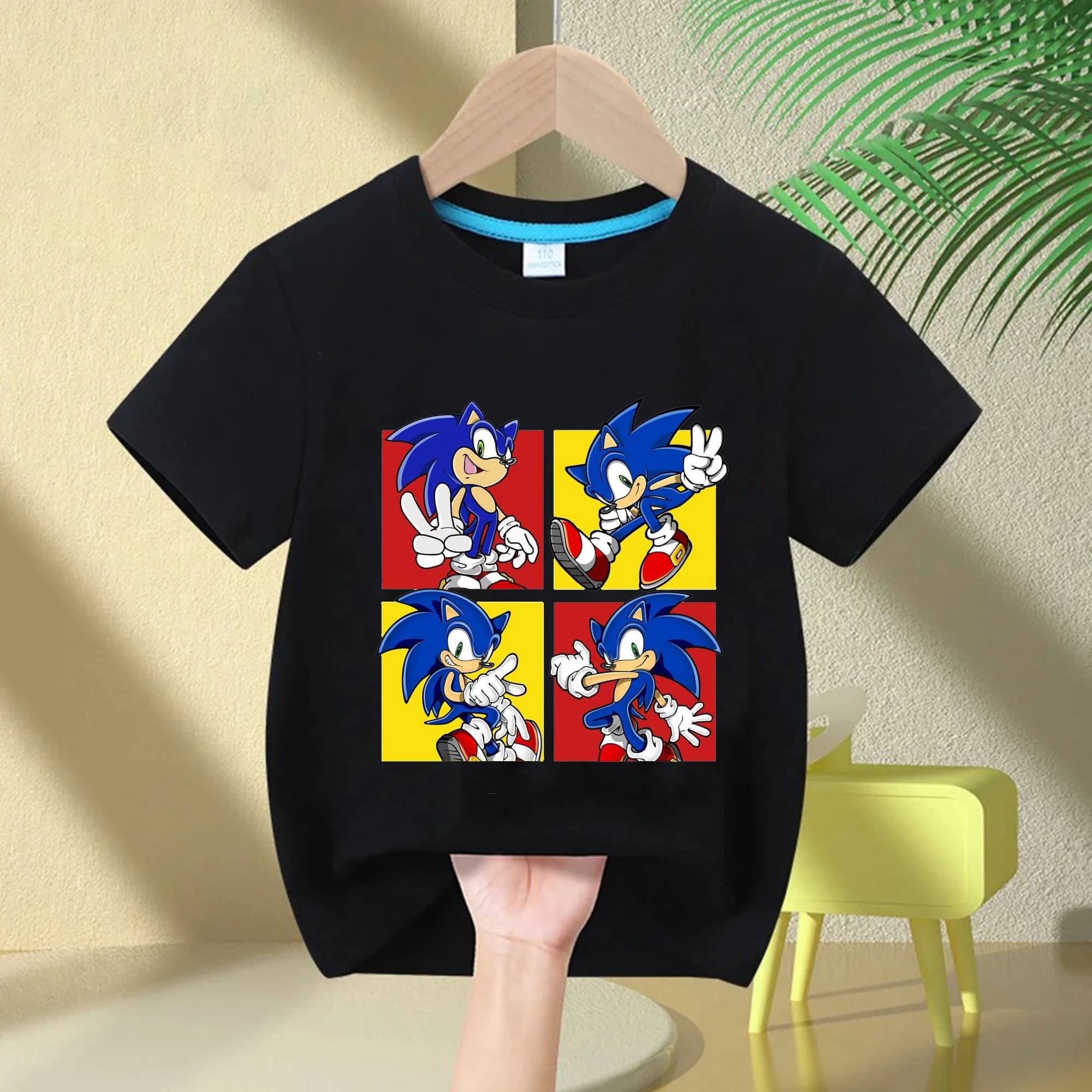 T-shirt per bambini 2026 in puro cotone con stampa Sonic The Hedgehog, girocollo, manica corta, comoda e traspirante, per maschietti e femminucce