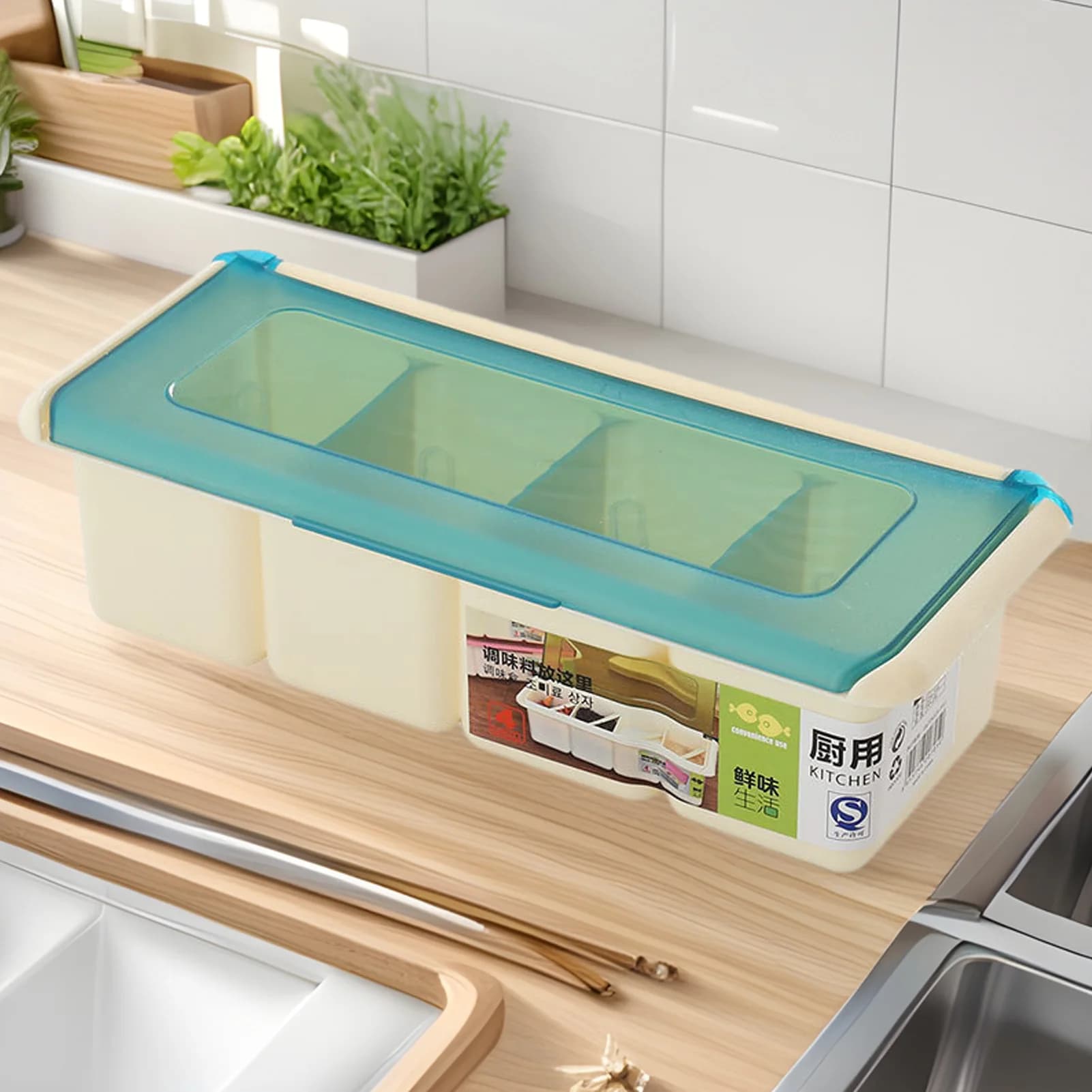 Set di barattoli per spezie a quattro scomparti in plastica con cucchiai per contenitore di sale da cucina