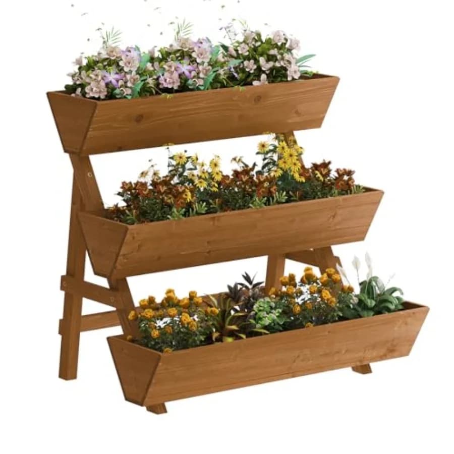 Fioriera Rialzata in Legno a 3 Levels, Contenitore per Piante, Supporto per Fiori, Vaso per Piante, per Giardinaggio Interno e Esterno