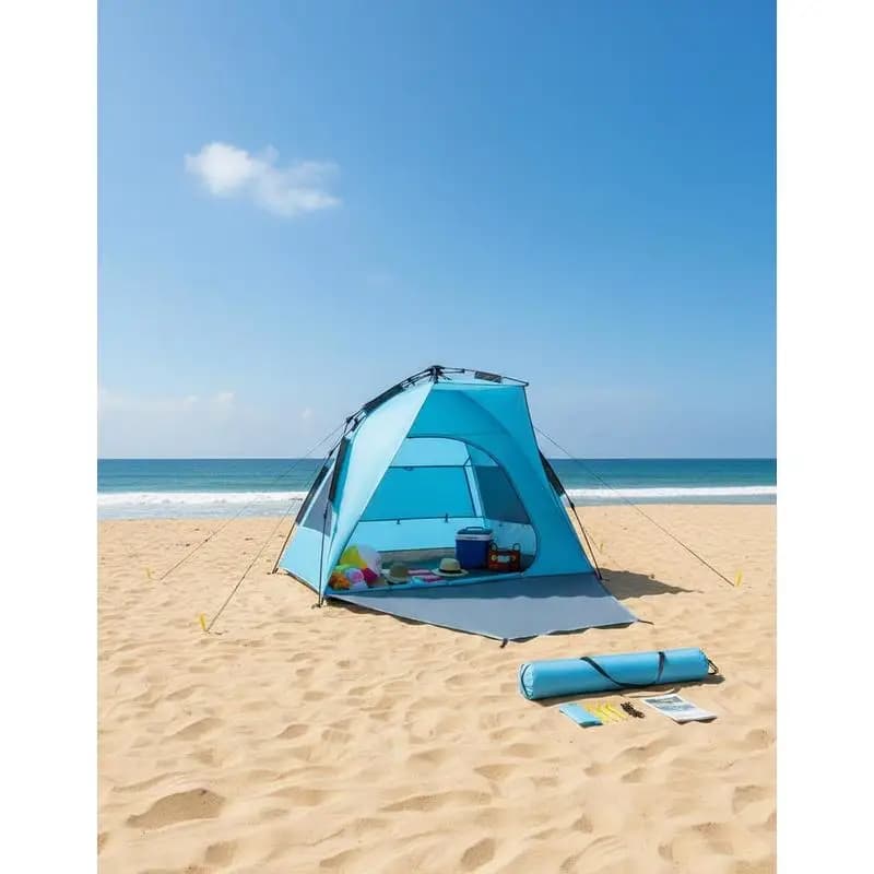 Spedizione Gratuita - Tenda da Spiaggia per 4 Persone, Tenda Pop-Up con Protezione UPF 50+, Tettoia Parasole Portatile con Borsa per il Trasporto e Tasche per la Sabbia, Ombrellone Facile da Montare per Campeggio Pesca Picnic all'Aperto