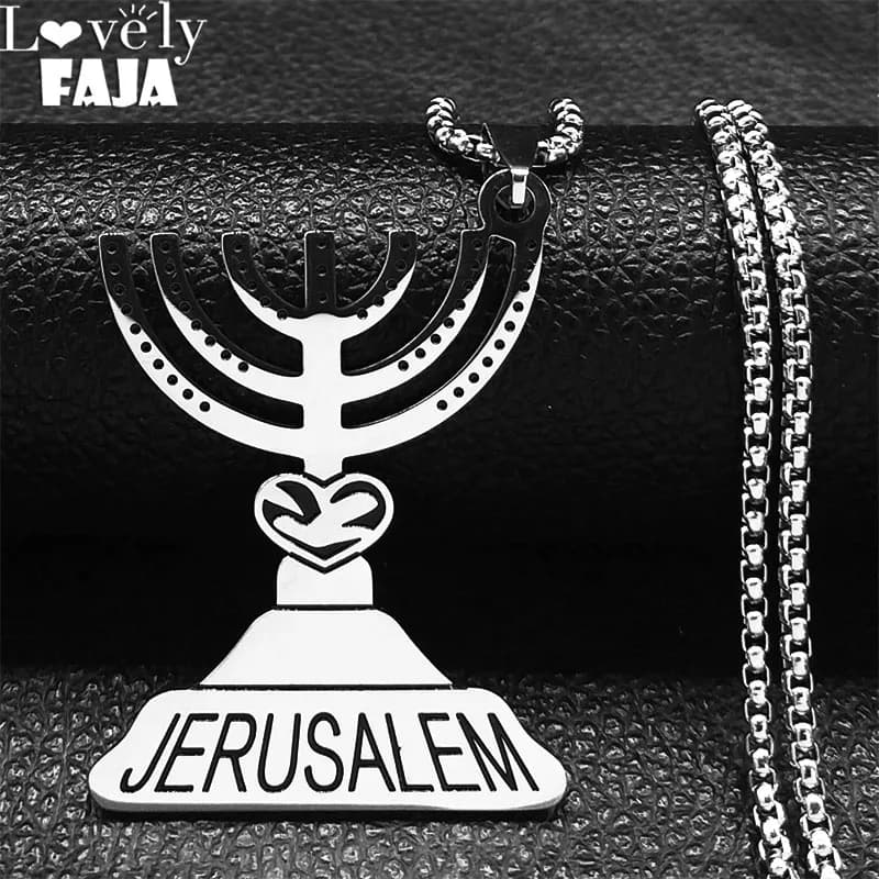 Gerusalemme Menorah Judaica collana con ciondolo portacandele in acciaio inossidabile ebraico Hanukkah Israel Shekel Emblem Jewelry N7722S03