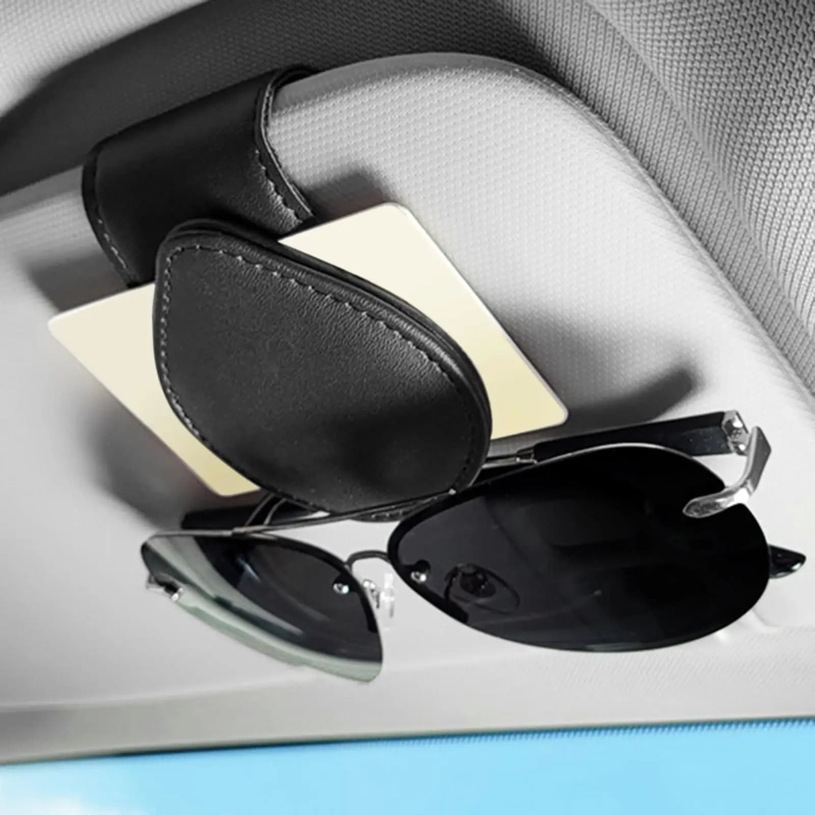 Portaocchiali Portatile per Auto in Resina e Pelle, Organizzatore per Visiera Parasole con Tasca per Penna e Banconote, Accessorio per Auto