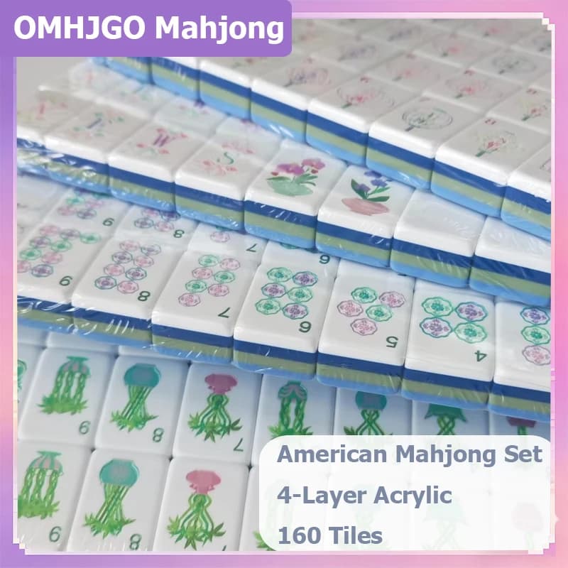 OMHJGO Royal Blue American Mahjong Set Acrylic Luxury Engraved Mahjong Game Tiles for Family Entertainment Travel Mah Jongg Sets
