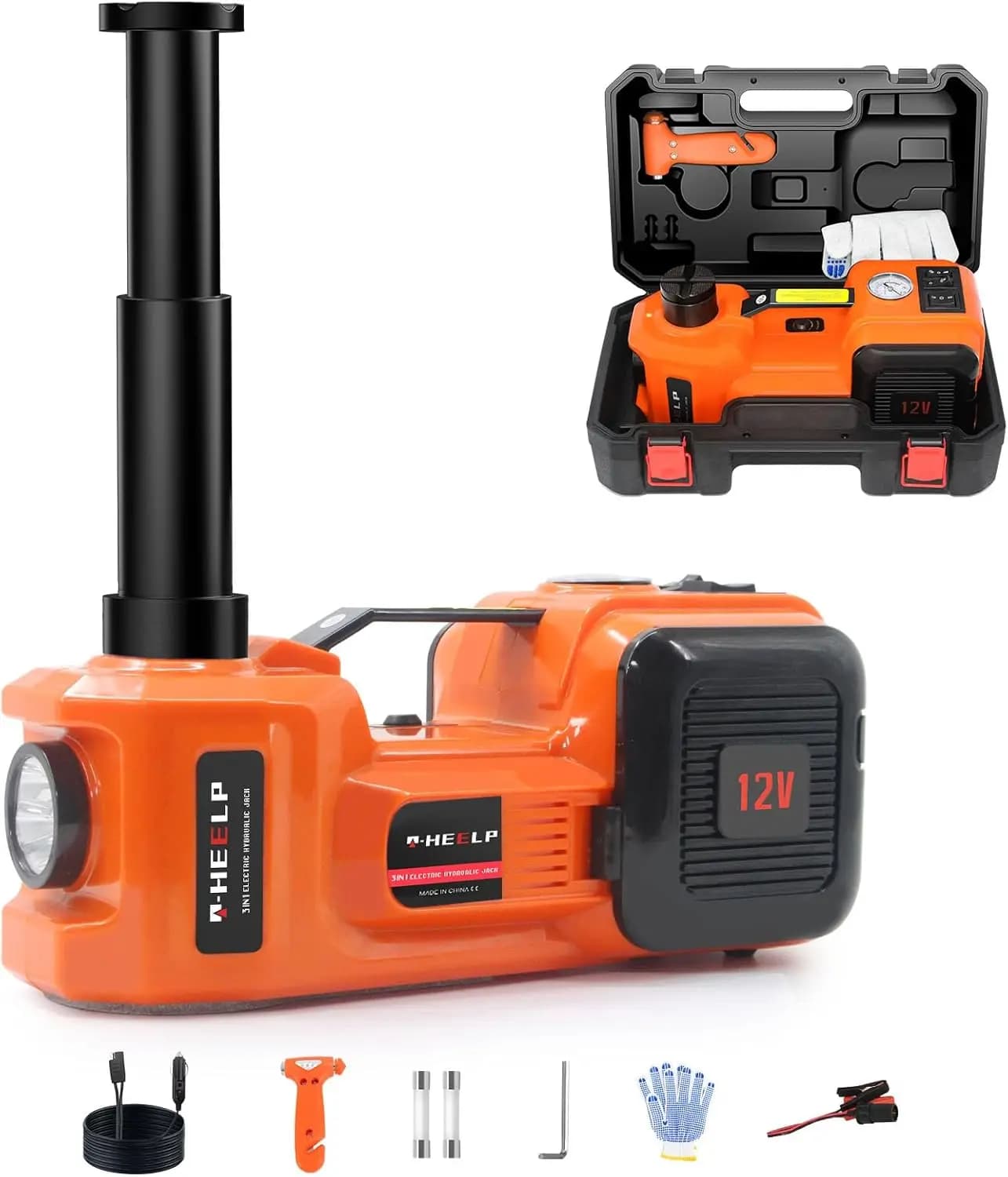 Martinetto Elettrico per Auto 5 Ton 12V con Kit Idraulico e Gonfiatore per SUV, Berlina, MPV - Cambio Pneumatici e Riparazione d'Emergenza