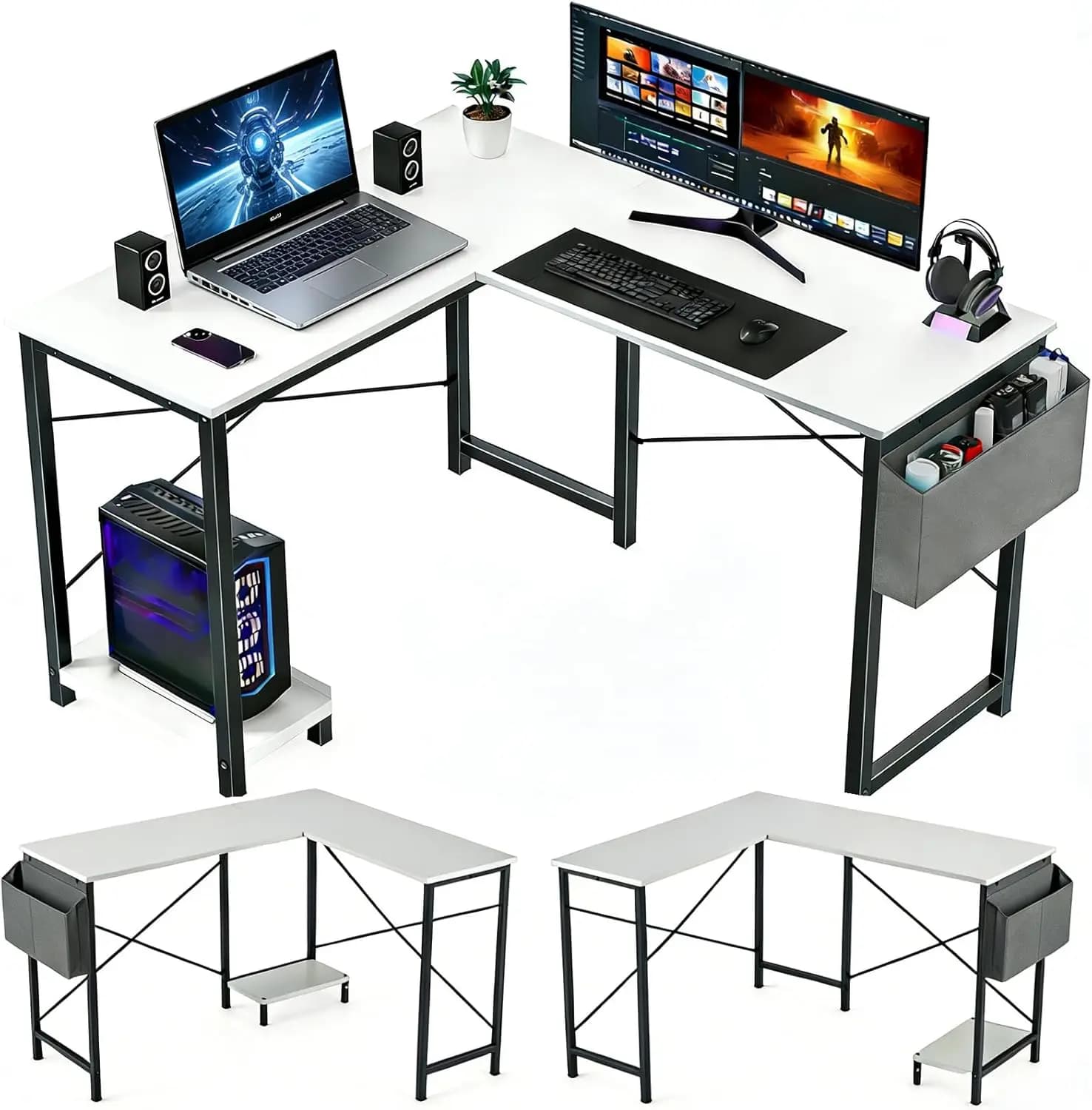 Scrivania per Computer da Casa/Ufficio, Scrivania da Gaming con Ripiano Porta CPU e Tasca Portaoggetti Sospesa, Tavolo Angolare per Studio e Scrittura, Robusto