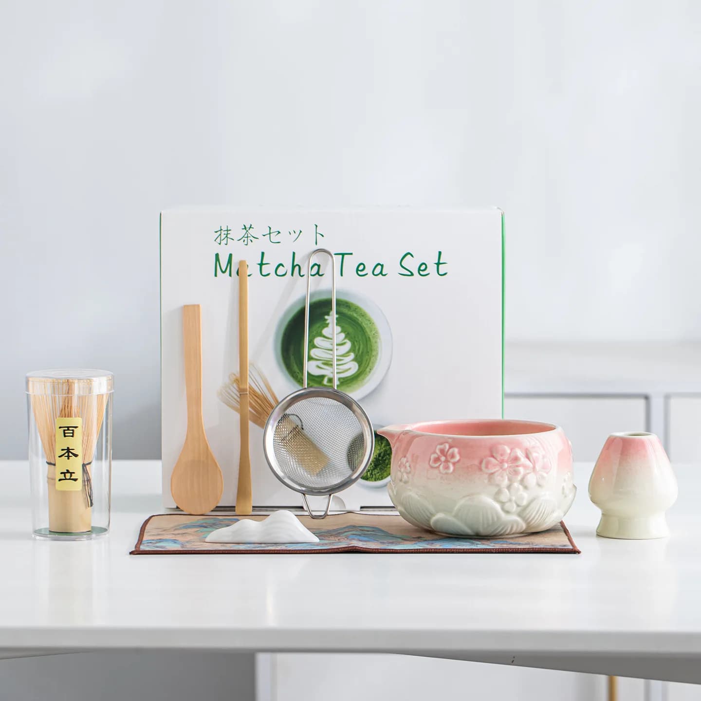 8pcs Japanese Cherry Blossom Ceramic Matcha Bowl Set Tea Whisk Stand Song Dynasty Style Tea Ceremony Tools Accessory Kit