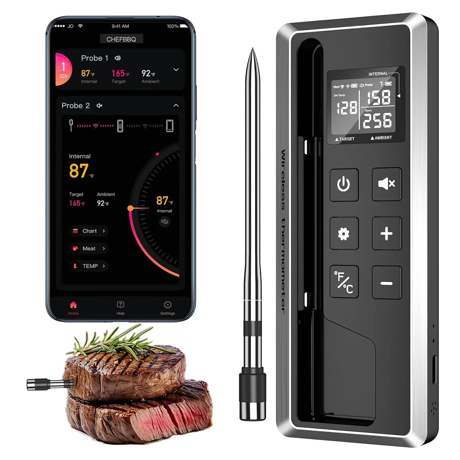 Wireless Meat Thermometer with Smart App, 240m Bluetooth Port, Ultra Subtle Round, High Precision for BBQ, Oven and Kitchen
