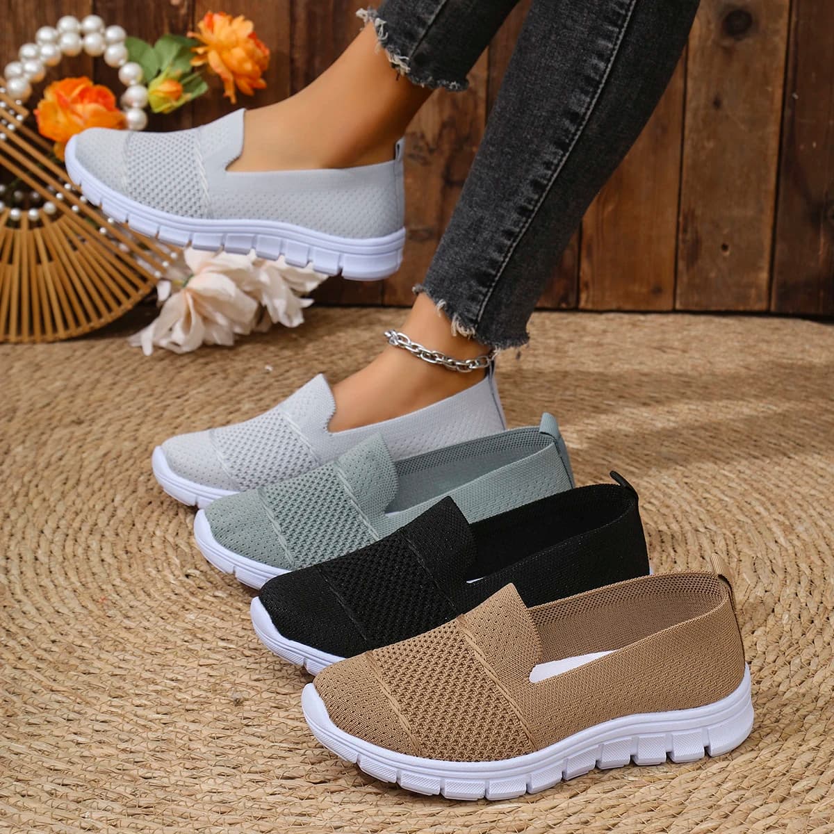Sneakers Estive da Donna in Mesh Traspirante, Leggere, Slip-on, con Suola Piatta, Mocassini Casual Antiscivolo per Camminata