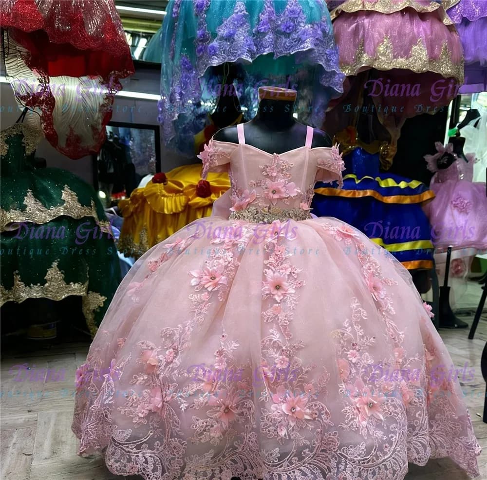 Abito da Cerimonia di Lusso per Bambina in Tulle Rosa con Applicazioni Raffinate per Matrimoni, Compleanni, Feste Serali e Balli