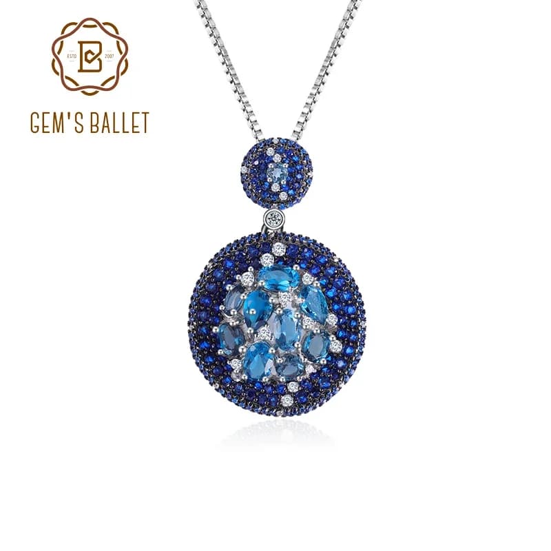 GEM'S BALLET Luxury Vintage Jewelry Necklace with Natural Blue Topaz Pendant in London 925 Sterling Silver Handmade Necklace