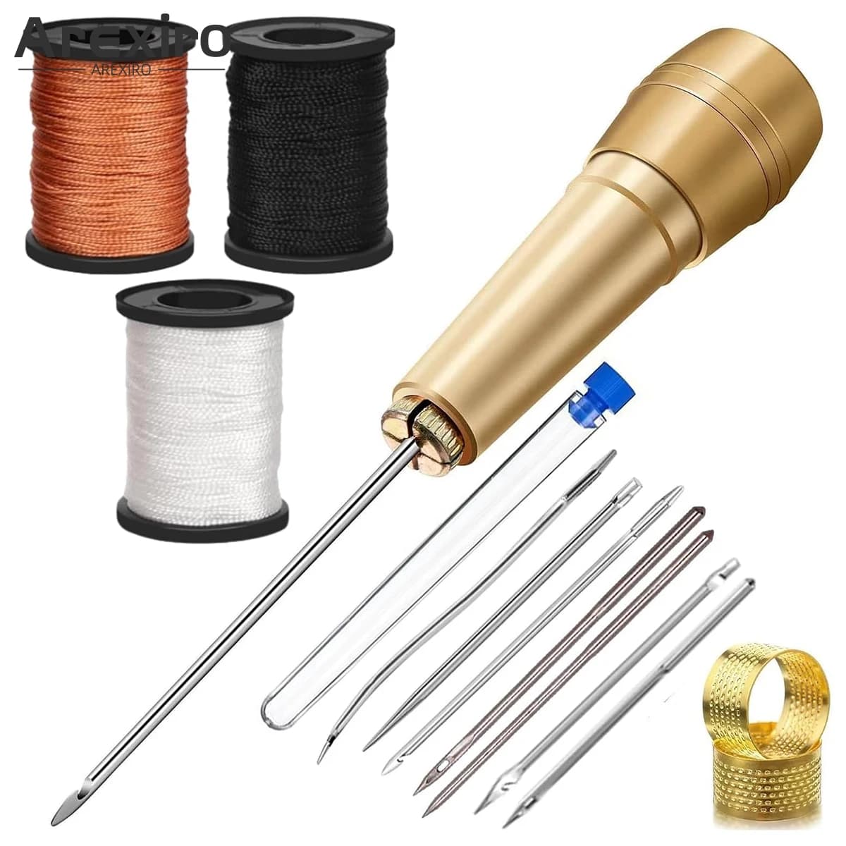 Copper Handle Sewing Awl Kit With 7Pcs Steel Needles 50M Nylon Thread Thimble Needle Bottle DIY Leather Hand Sewing Tool Set