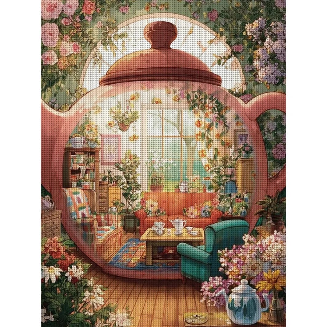 1 pezzo 36X46cm/14.17X18.11 pollici, kit fai da te per punto croce con stampa 11CT, Teiera floreale accogliente, set per punto croce rilassante per principianti adulti