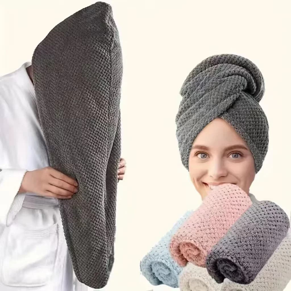 Woman-shaped shower head, in thick, soft and absorbent fabric, to dry hair, easy to wear and remove.