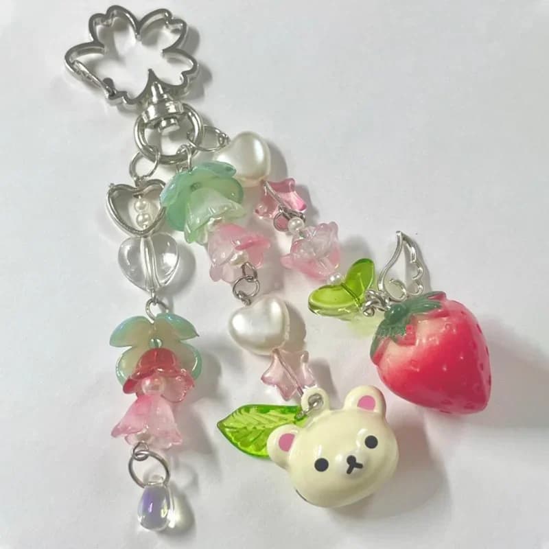 Catenella per telefono con orsetto e fragole, stile Y2K, ciondolo a forma di giglio della valle, accessorio per borsa, regalo