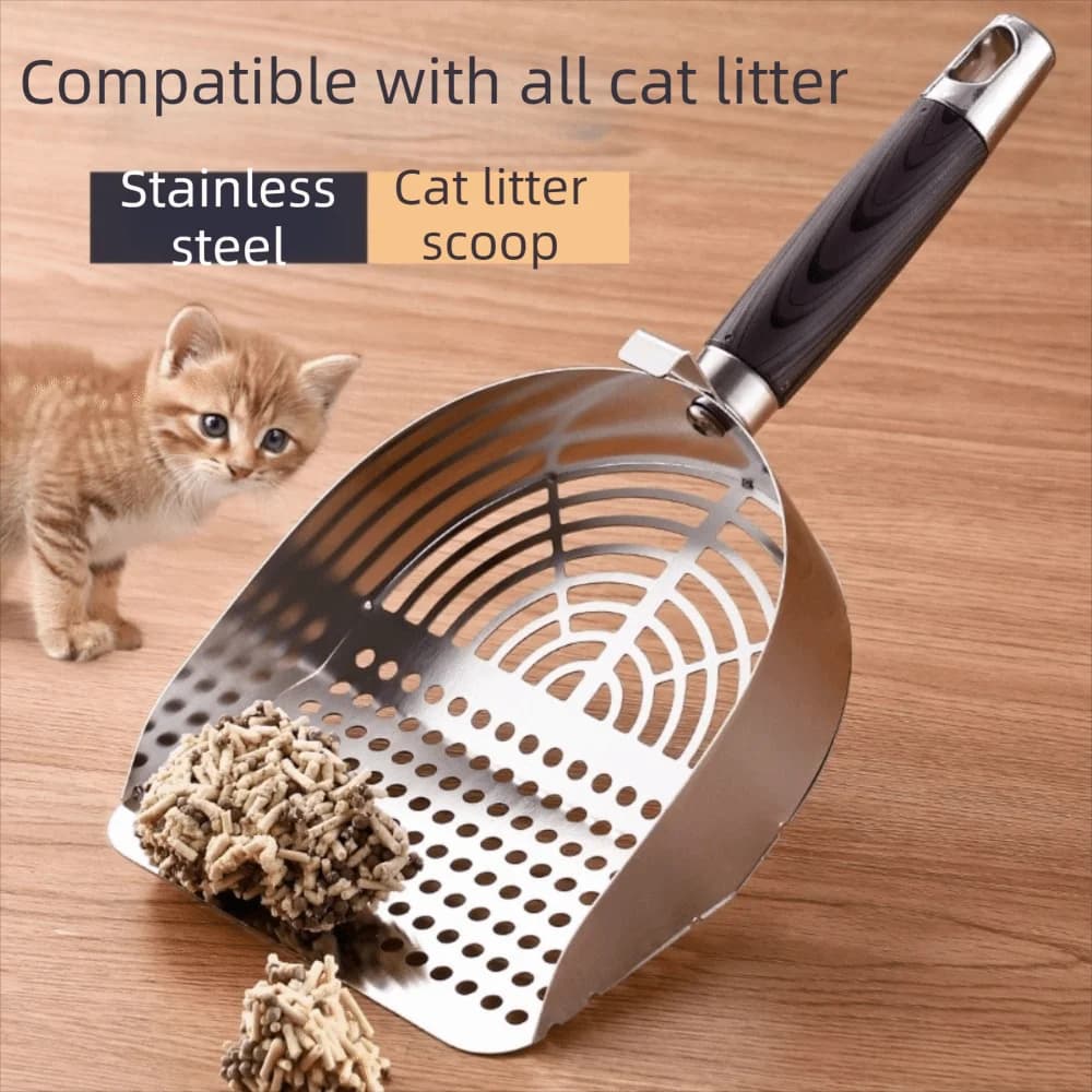 Paletta per lettiera per gatti in acciaio inossidabile Manico lungo Pala profonda Strumento per setacciare la cacca di gatto Manico in legno antiaderente Lettiera Scooper