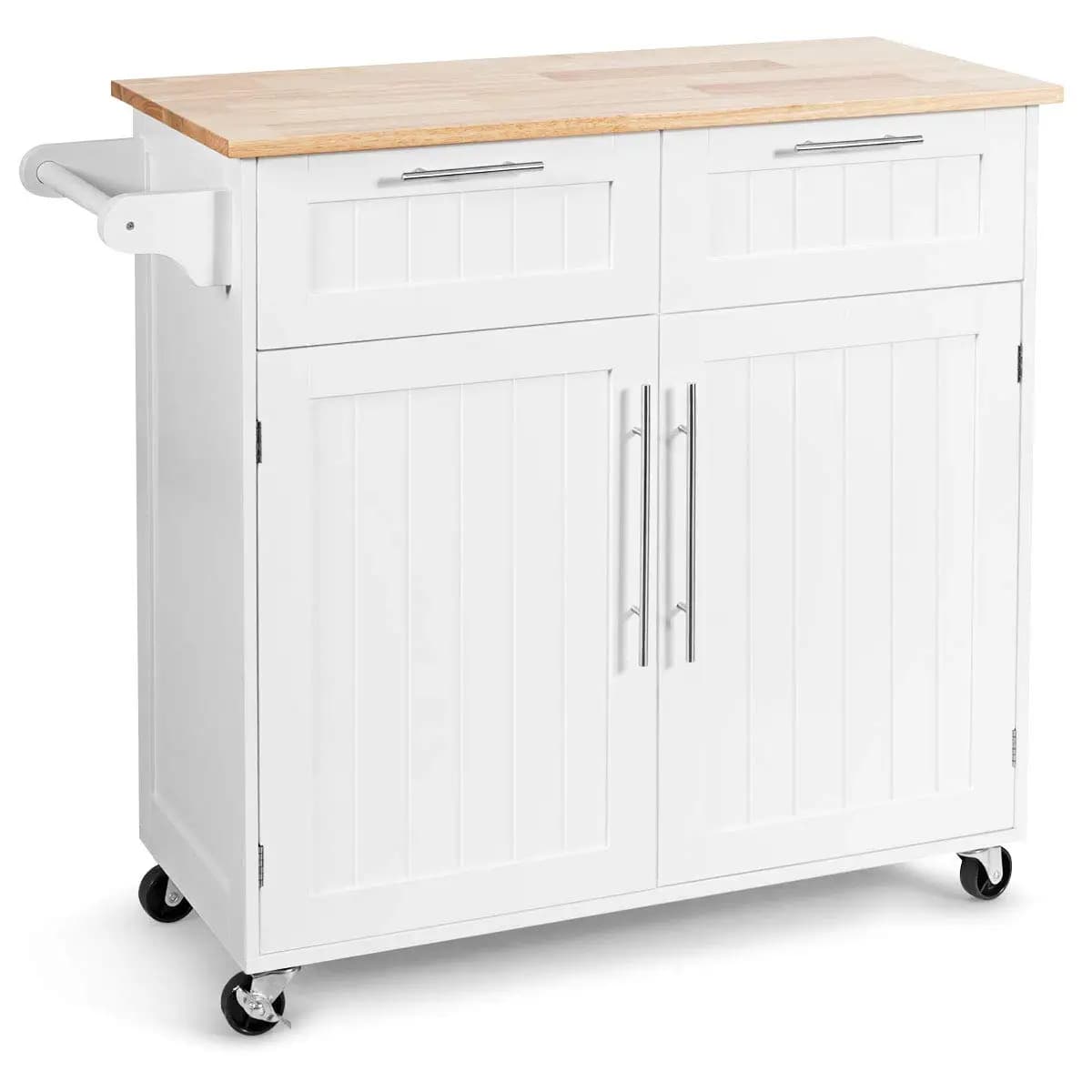 Kitchen Island Cart, Rolling Island Table with Rubber Wood Tabletop, 2 Drawers, Storage Cabinet & Towel Rack, Bar, Customized