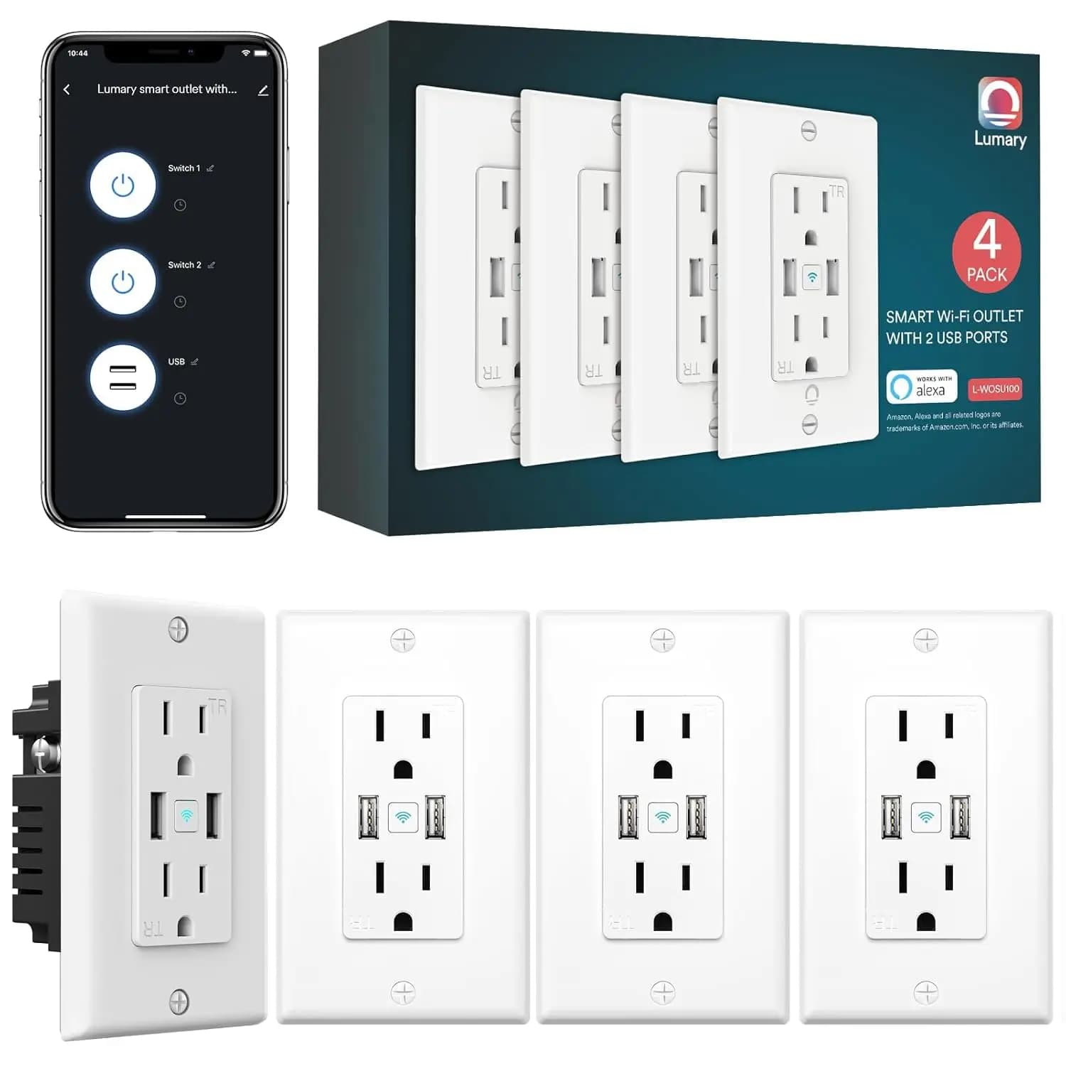 Presa a Muro Intelligente con 2 Porte USB e 2 Prese Elettriche, Compatibile con Alexa e Google Home, Certificata ETL FCC, Confezione da 4 per Casa e Ufficio