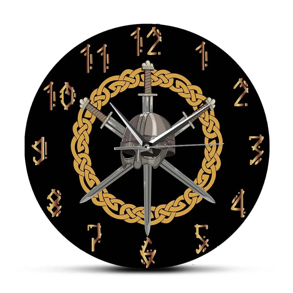Viking Helmet Wall Clock Silent Medieval Sword Warrior Hanging Clocks Nordic Rune Decor Watch for Man Cave Boy Gift