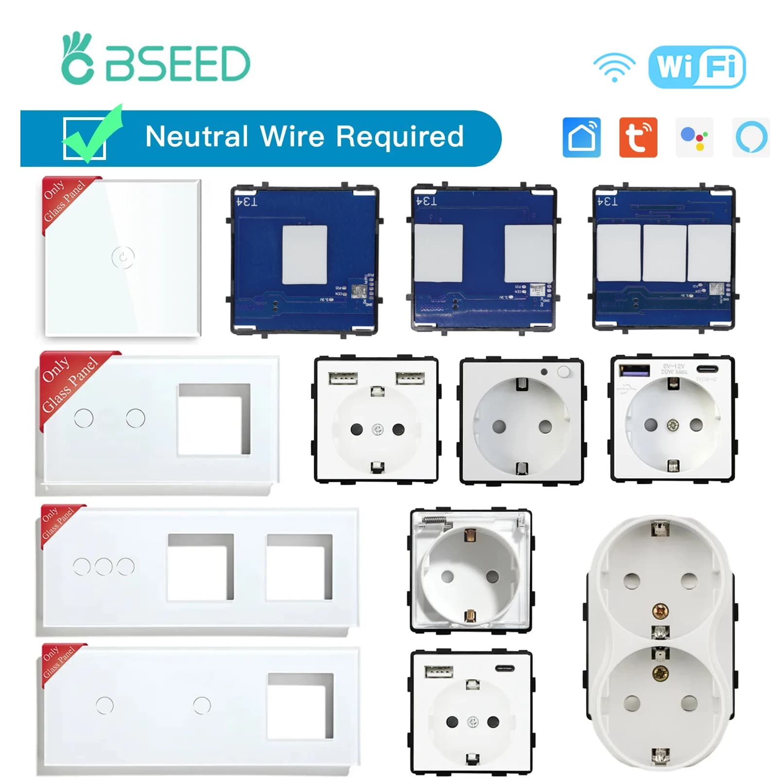 BSEED WIFI Interruttori della luce da parete Parti del pannello in vetro Interruttori Smart Touch bianchi Parti funzione Prese UE Parti presa di corrente
