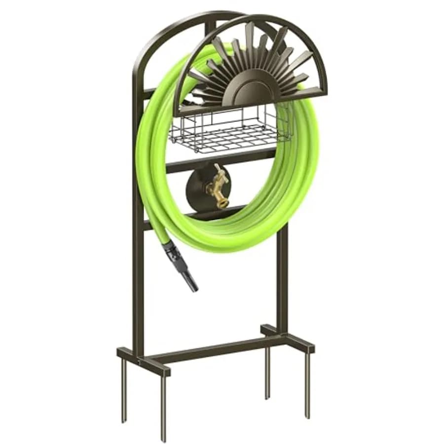 Supporto per Tubo da Giardino con Rubinetto in Ottone, Porta Tubo Autoportante con Cesto Portaoggetti, Avvolgitubo Resistente Staccabile H