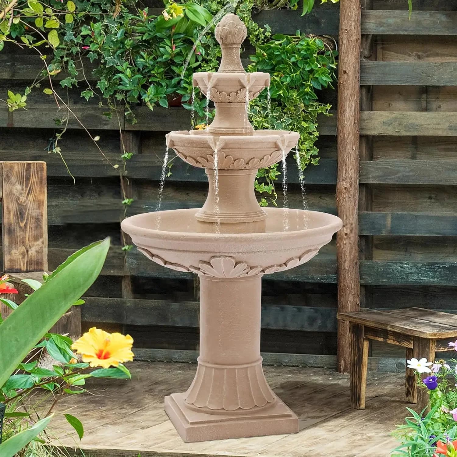 Fontane e cascate da esterno, fontana a cascata da pavimento con gorgogliatore da 48,4 pollici di H con piano e pompa per ananas, giardino a 3 livelli