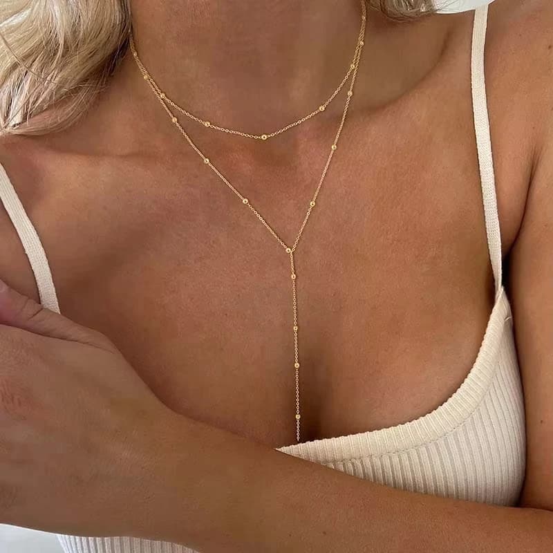Lariat Gold Plated Necklace for Women, Crew Neckline Necklace with Long Chain Double Drop Pendant Laryered Fashion Gifts