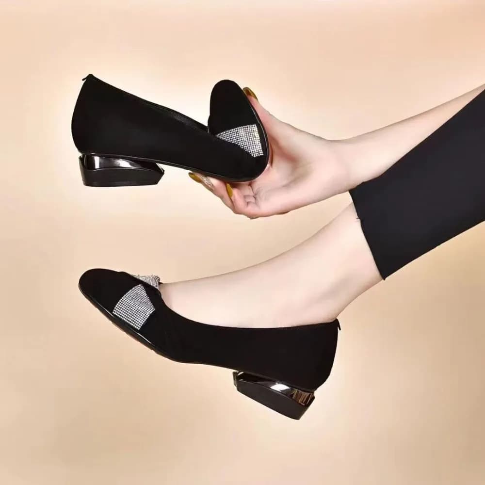 Elegant single shoes in suede with rhinestones, new collections Spring 2026, with medium heel and tapered tip, comfortable for office, woman's