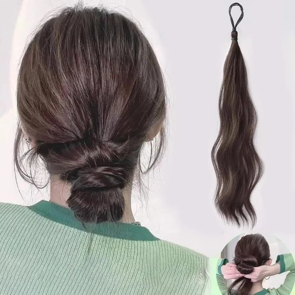 Long Wavy Synthetic Self-Winding Ponytail Hair Extensions With Elastic Rubber Band Braided Hair Bundle For Women Increase Hair