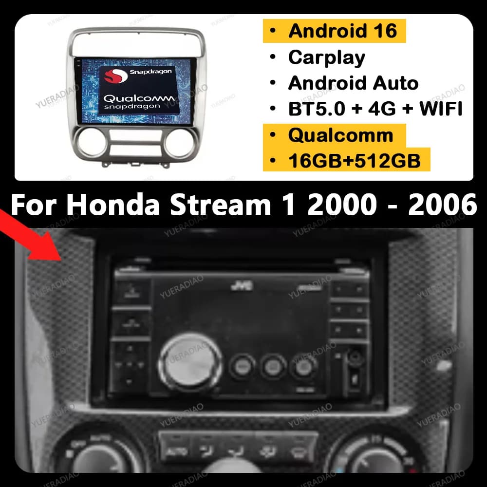 Android 15 Autoradio Per Honda Stream 1 2000 2001 - 2006 Multimedia Stereo Video Player 2DIN BT QLED 4G WIFI GPS NAVI Qualcomm