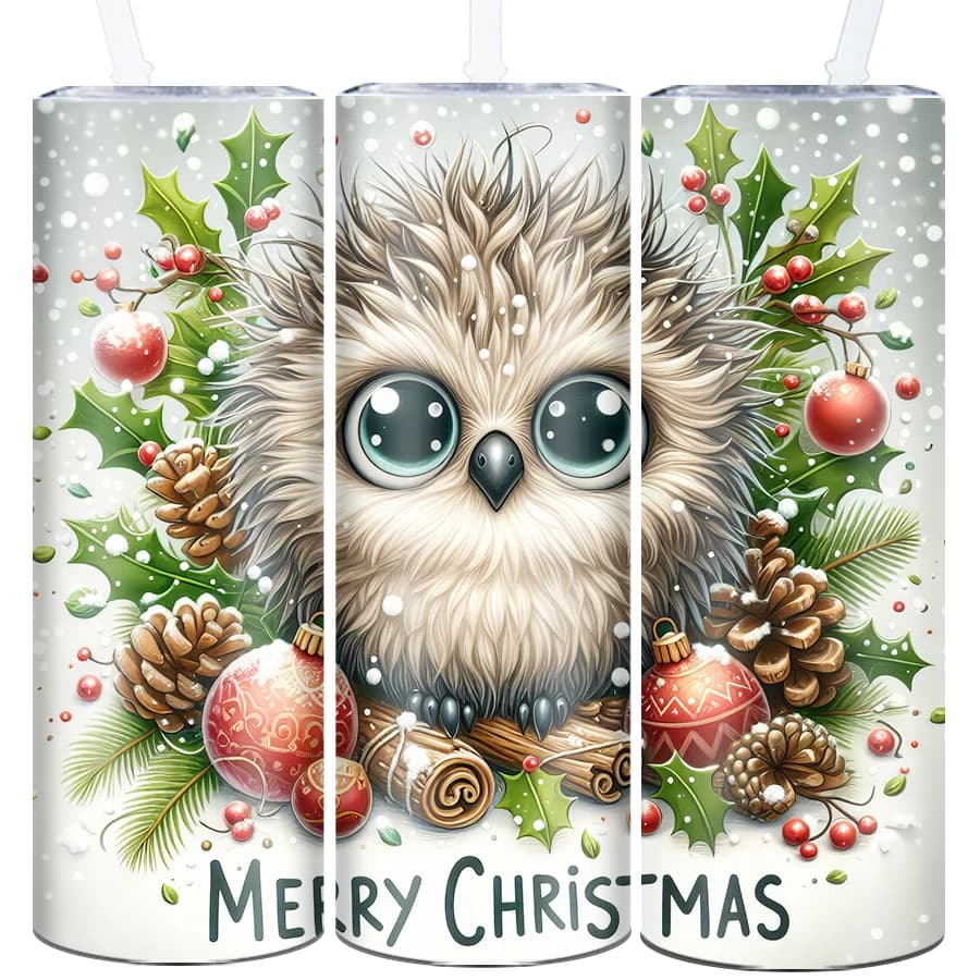 20oz 3D Print Merry Christmas Cute Owl Coffee Bottle Straw Lid 1Pc Stainless Double Wall Straight Water Cups Family Party Gifts