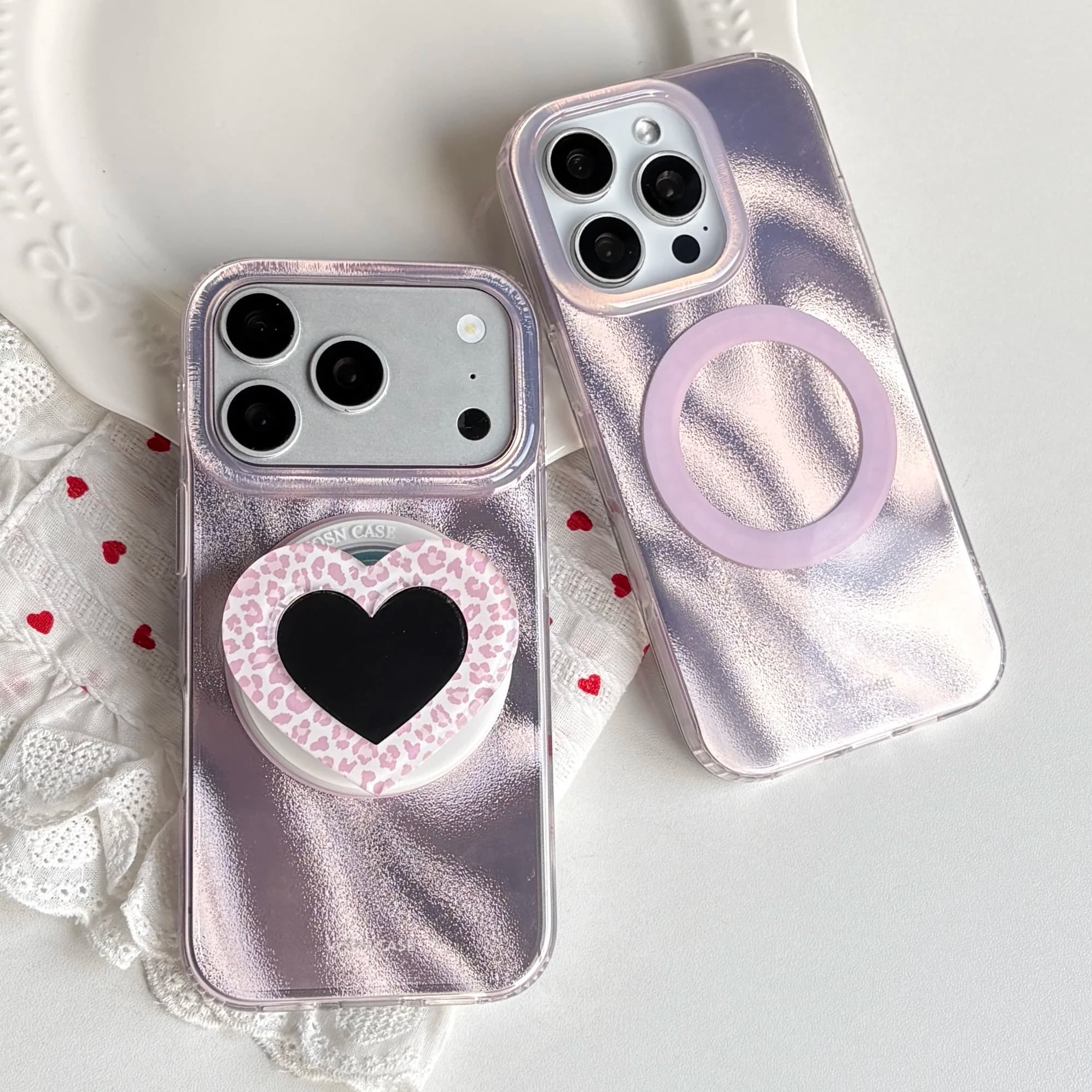 Sweet Pink Fine Sand Texture Cover Case For iPhone 17 16 15 14 Pro Max with Heart Leopard Print Mirror Surface Magnetic Holder