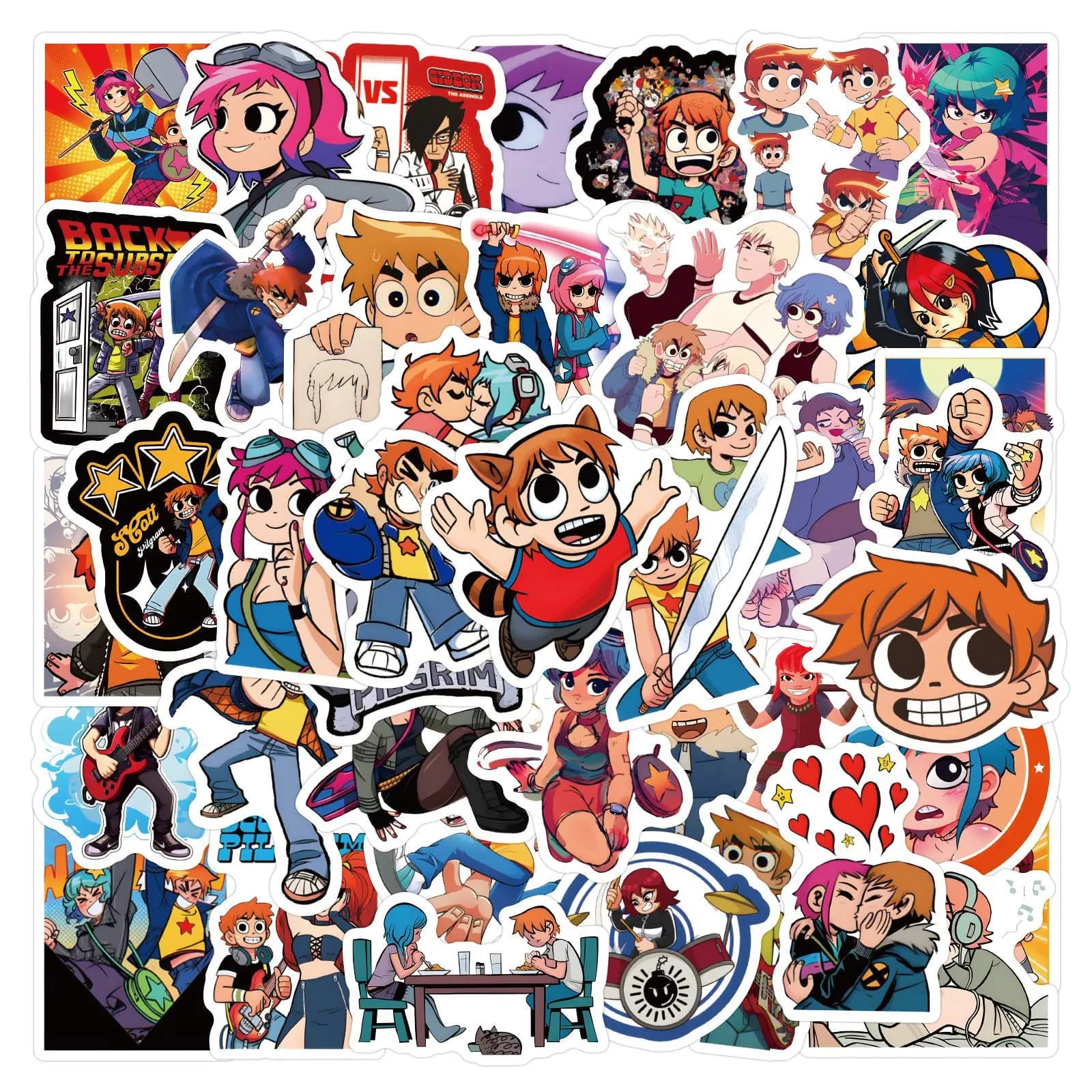 55 Pezzi Adesivi Graffiti Cartoon Scott Pilgrim per Telefono, Valigia, Laptop, Computer, Chitarra, Decorazione Fai-da-Te, Giocattoli Classici per Bambini