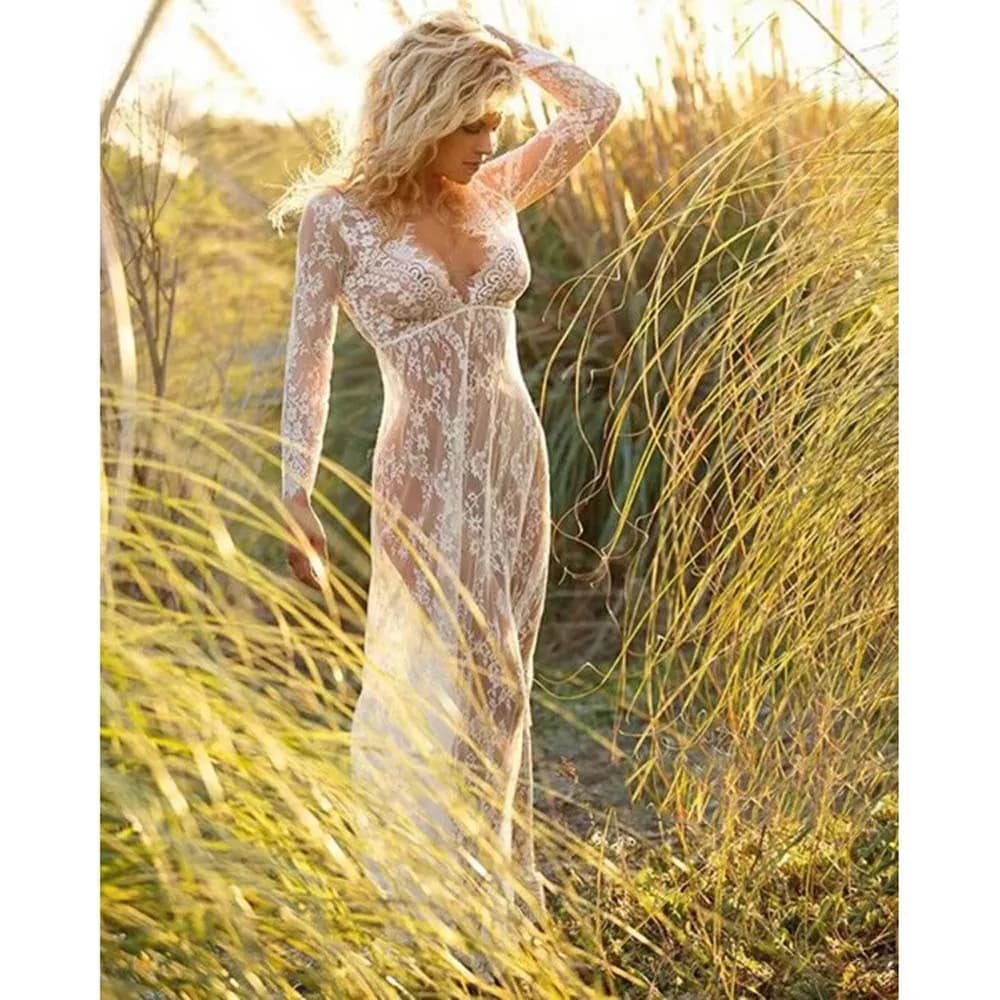 Abito lungo da donna in pizzo elegante con scollo a V floreale Abito da festa casual con scollo a V profondo sexy Abiti bianchi da diserbo per le vacanze