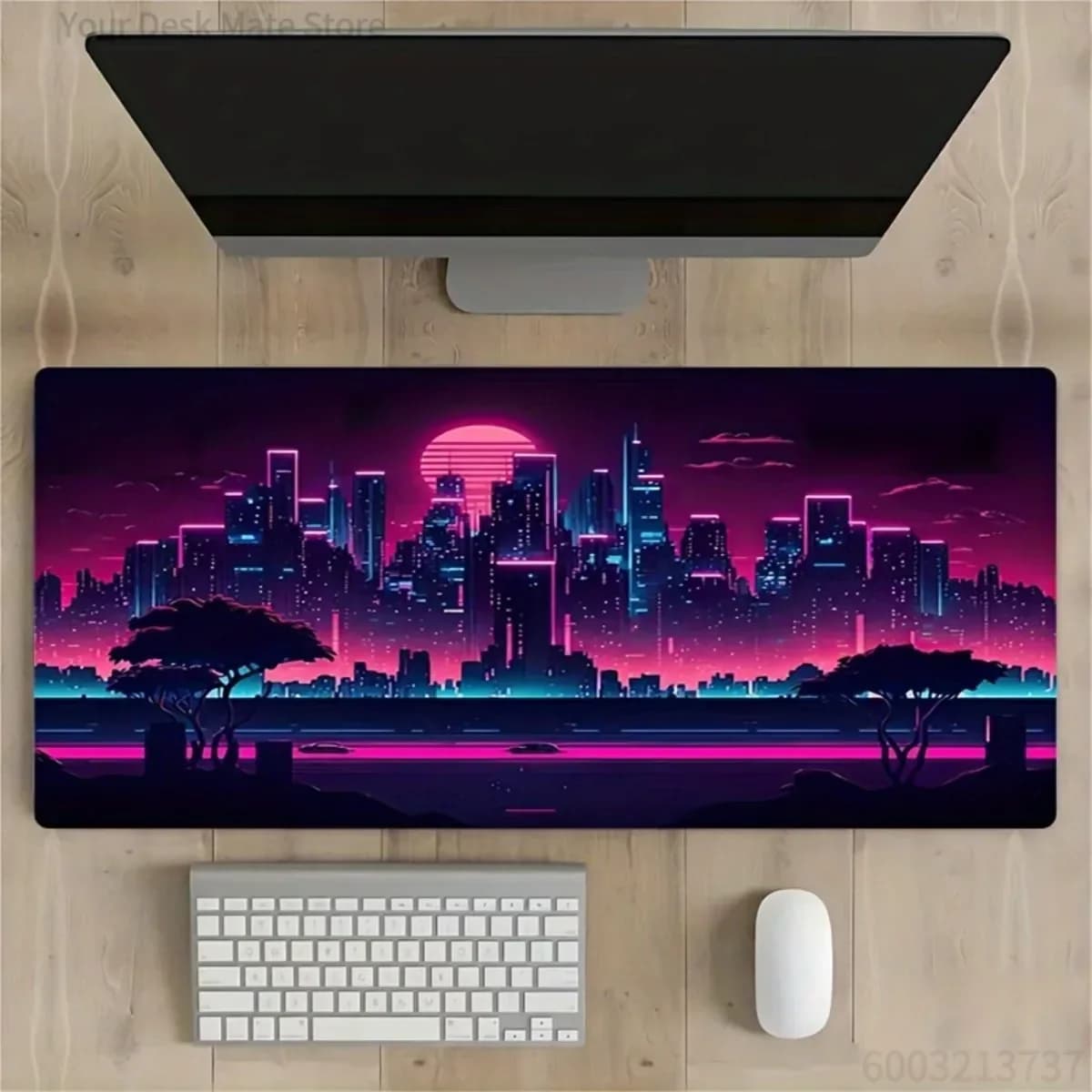 Neon Cityscape Themed Rubber Mouse Pad Non Slip Base Stitched Edges for Office Gaming Laptop and Creative Artwork Desk Mat