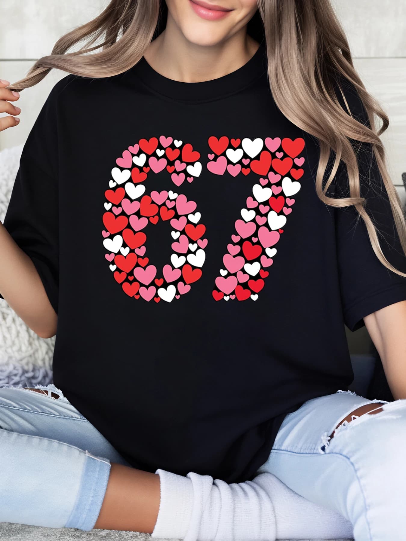 Modello a cuore numero 67 T-shirt per San Valentino da donna Abbigliamento casual Nero Taglie forti