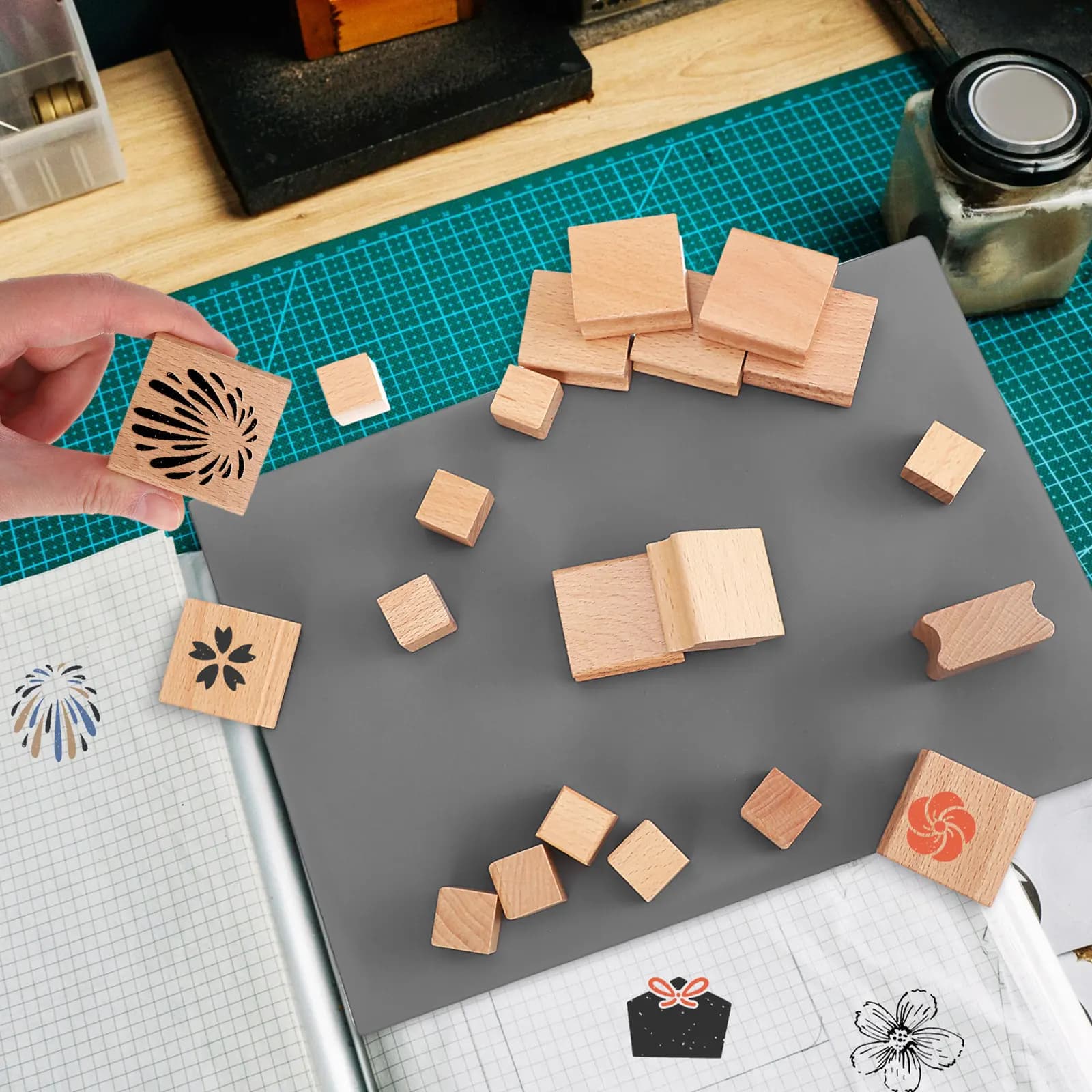 Set di 20 blocchetti in legno grezzo per timbri, blocchetti quadrati in legno non finiti con bordi scanalati per fai da te, artigianato, stampa e scrapbooking