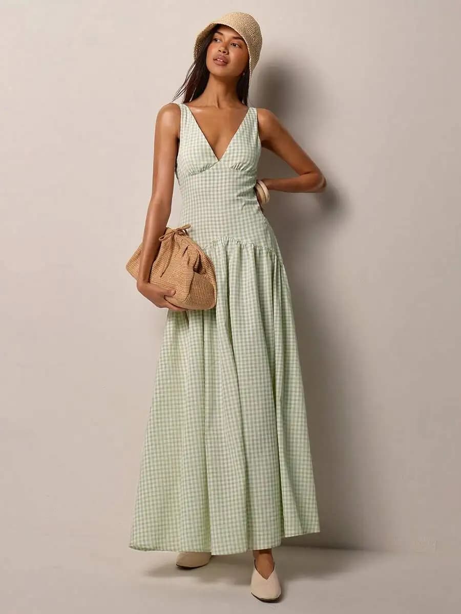 Abito lungo estivo da donna con scollo a V, senza maniche, verde a quadretti, gonna svasata casual