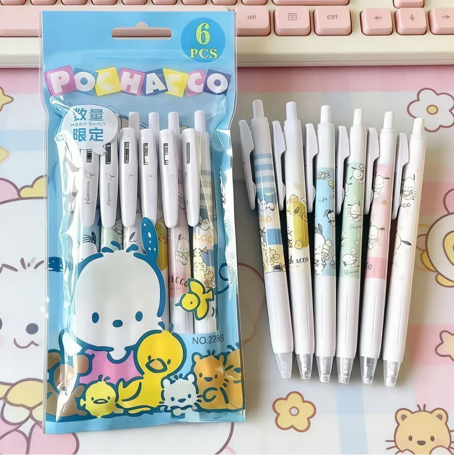 Confezione da 6 Penne Gel Retrattili Kawaii Sanrio Pochacco per Scrittura e Ufficio, Robuste e Scorrevoli