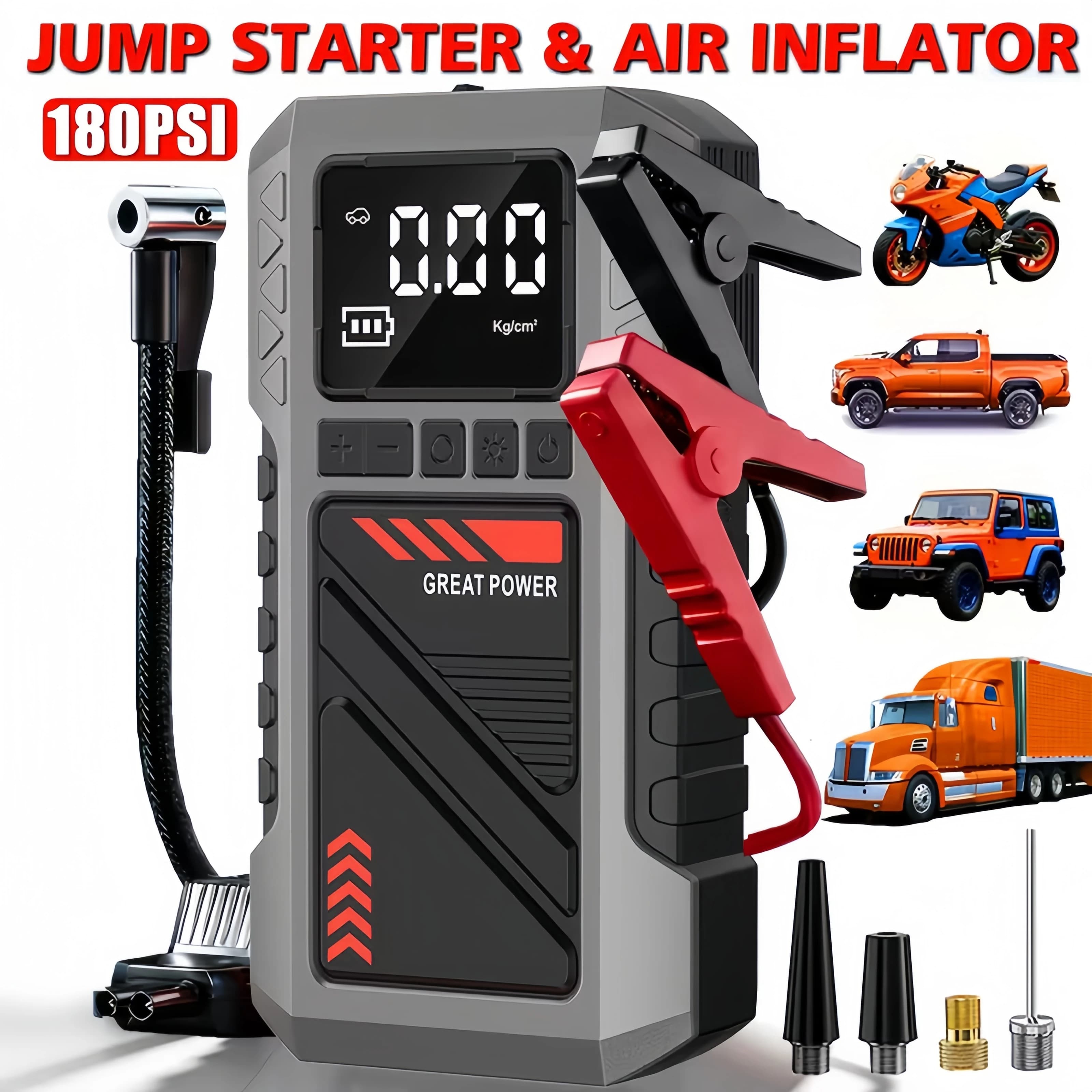 Kit di riparazione batteria auto 2 in 1 (include avviatore di emergenza da 8000 ampere e compressore d'aria da 180 libbre per pollice quadrato)