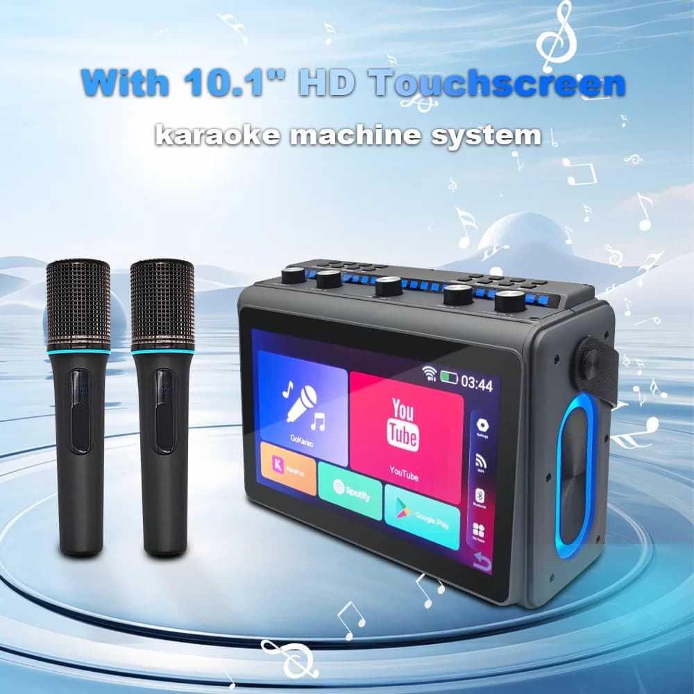 Macchina per karaoke portatile con 2 microfoni wireless Touch screen HD con supporto per testi Sistema di karaoke HDMI/USB/TF/Echo per feste in casa