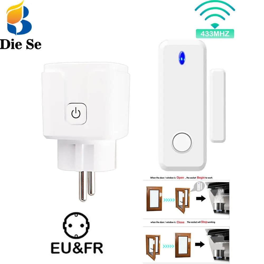 RF433Mhz Interruttore presa wireless Sensore finestra telecomando Interruttore contatto Spina UE 220V per controllo scarico radio cappa