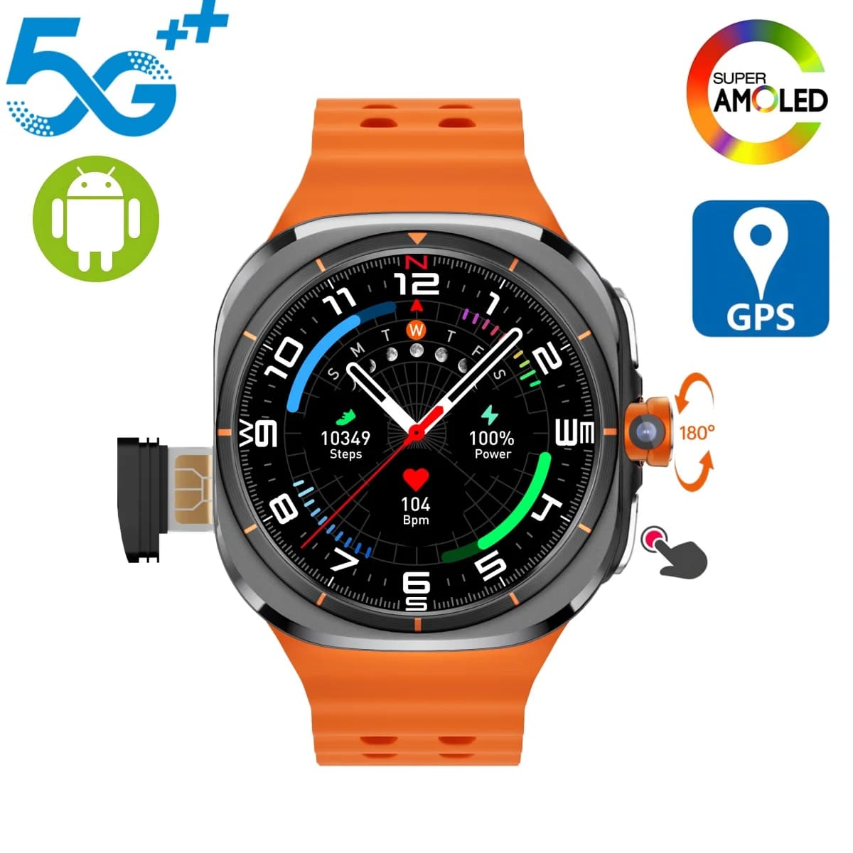 Watch Ultra Smart Watch 4G/5G Mobile Version Android 10.0 Smartwatch with 180 ° Amoled GPS compass mobile phone WIFI rotating camera