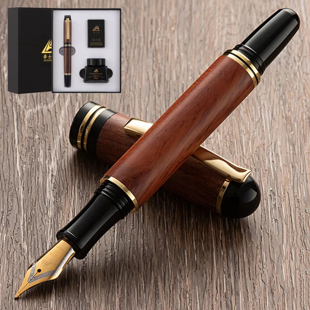 Set di penne stilografiche di lusso in legno: penna in legno massello lucidato a mano, pennino bicolore, confezione regalo, per laurea, compleanno o affari