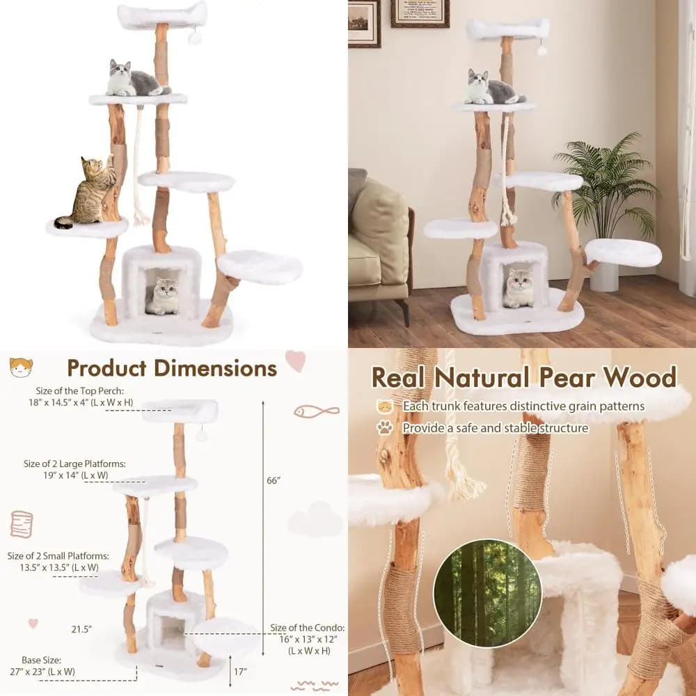 robusta torre per gatti in legno con tiragraffi in iuta, vello, condo, corda in sisal e palla pendente per l'arredamento moderno della casa