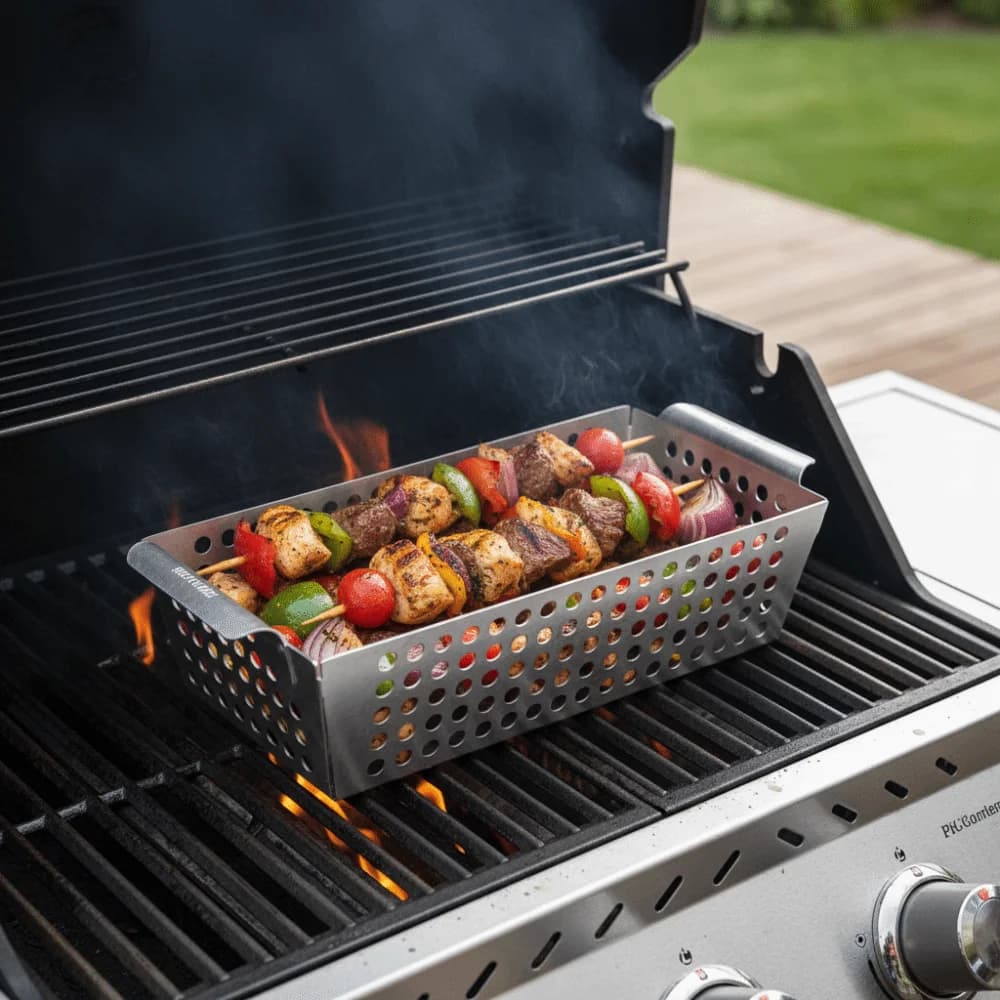 Stainless Steel Vegetable Grid Basket with Draining Holes, Reusable BBQ Tray Rectangular with Double Handle, Frying pan and Containing Foods