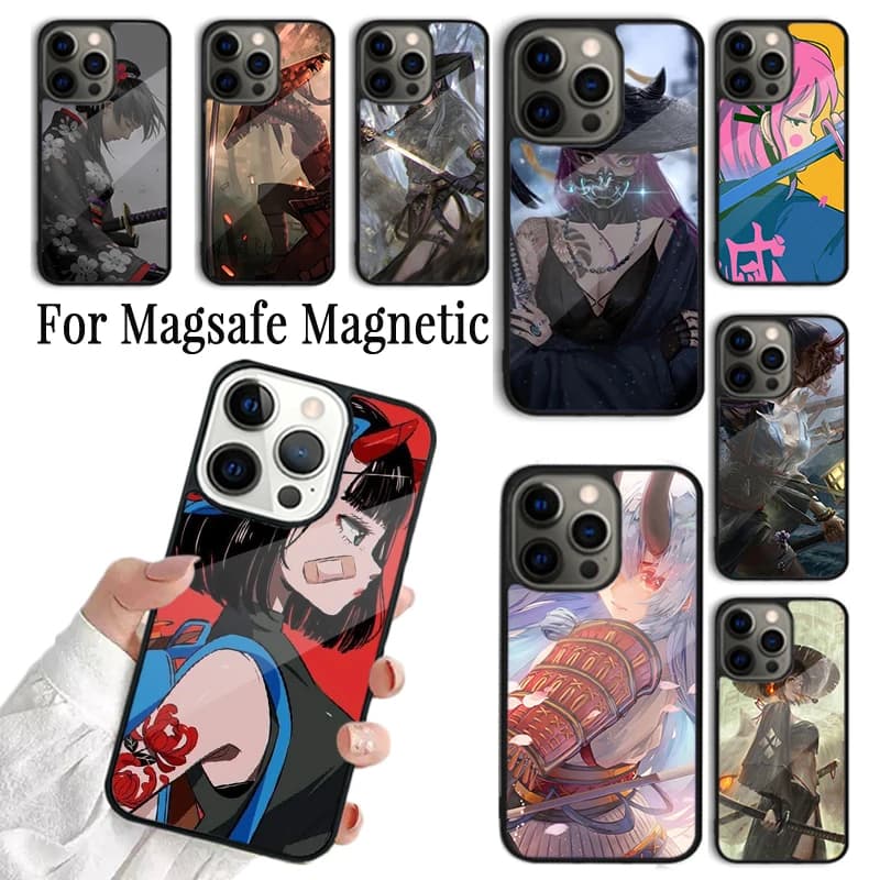 Cover Morbida per iPhone con Design Anime Girl Samurai per iPhone 17 AIR 16 15 14 13 12 11 Pro Max Plus, Compatibile con Ricarica Wireless Magnetica Magsafe