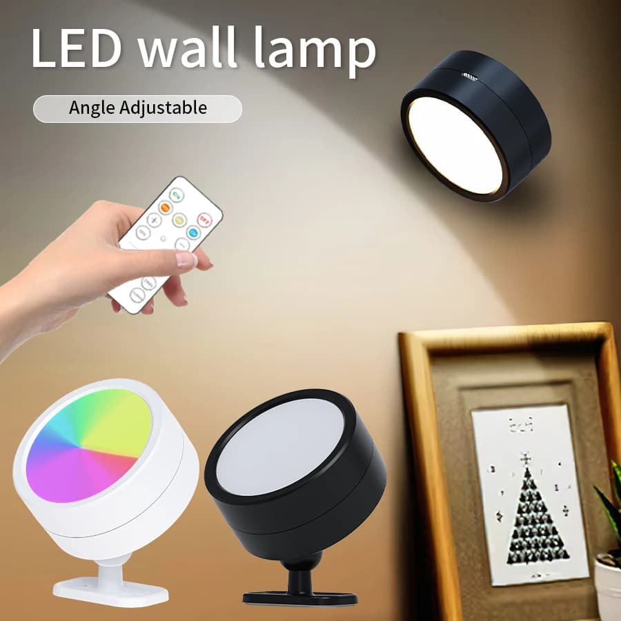 Lampada da parete magnetica ricaricabile senza fili con telecomando 3 colori/RGB 60 ° Faretto Rotante per Arredamento Camera da Letto